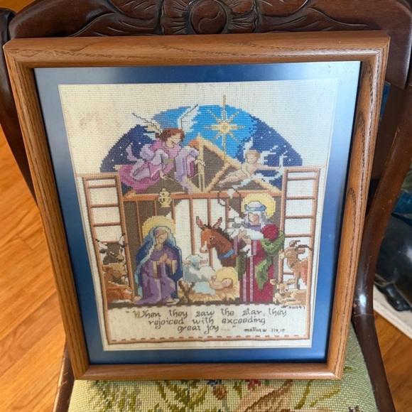 Vintage Framed Nativity Cross-Stitch with Blue Mat